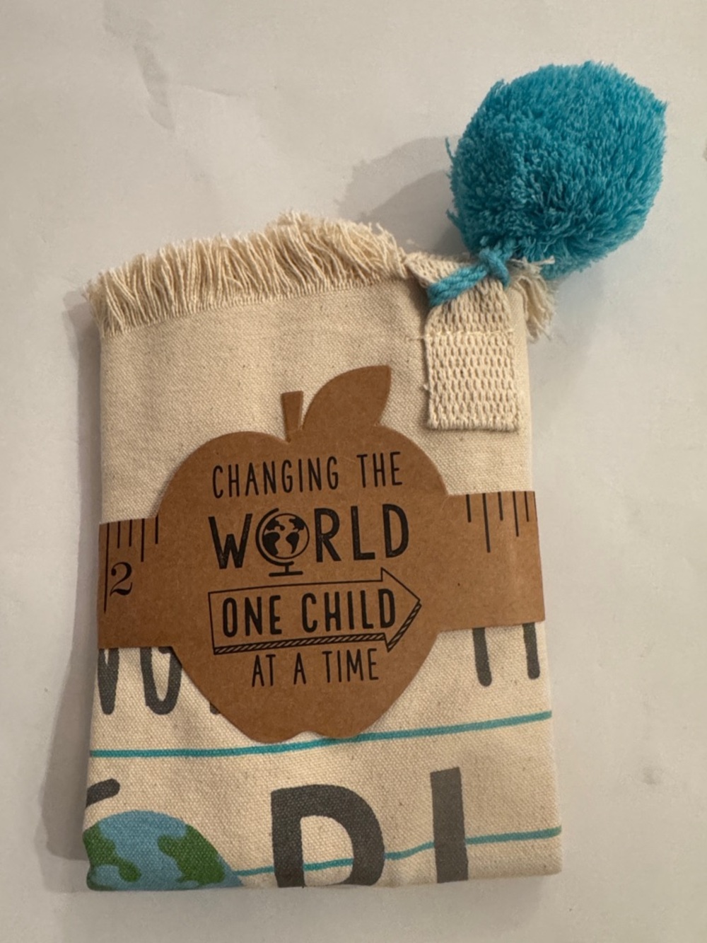 NEW. MUDPIE Teacher or therapist  Cream Canvas BAG with Teal Pom Pom.  Mudpie